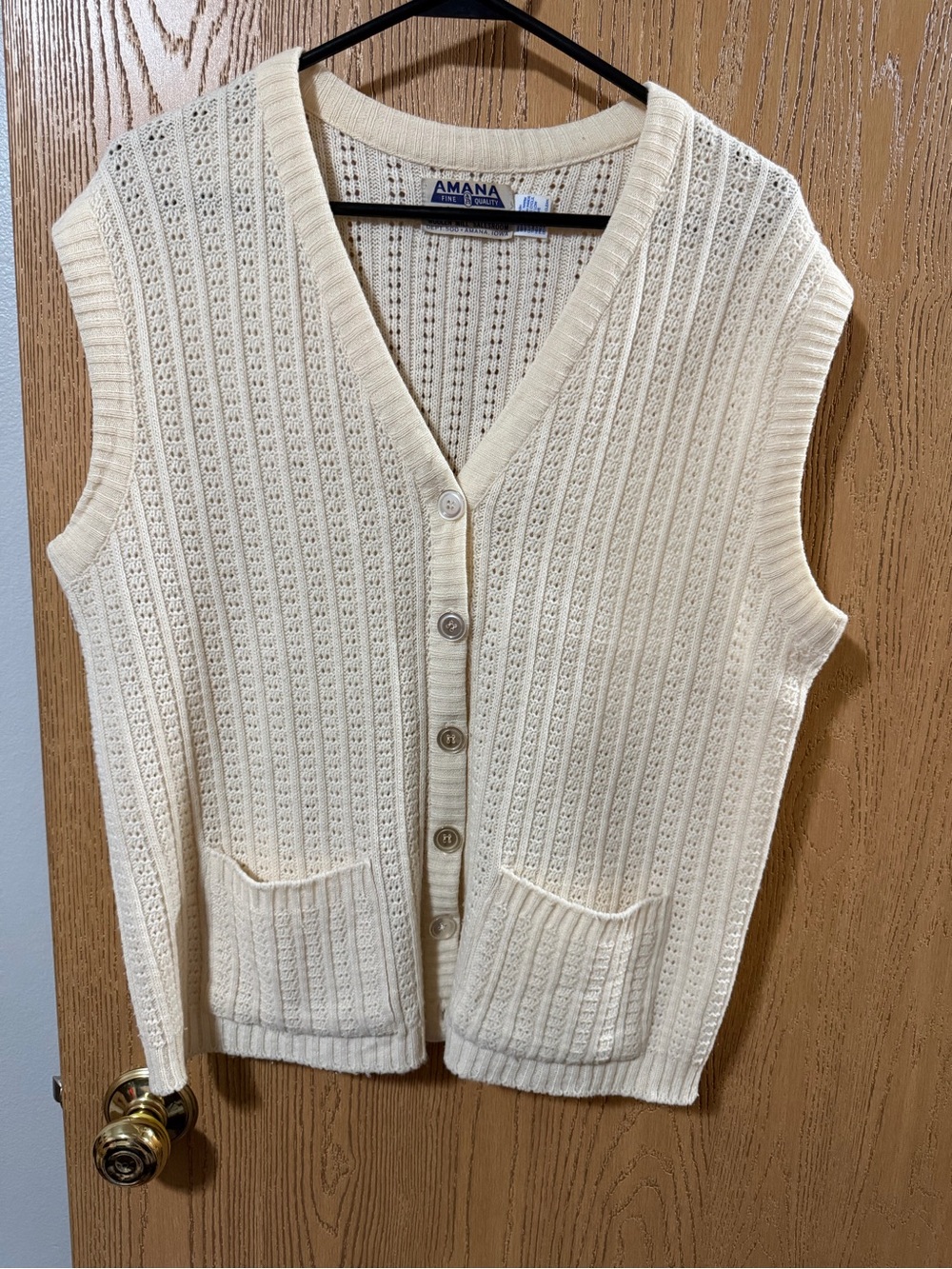 Amiana Cream, red and gray Open-Knit Button Front Sleeveless Cardigan Vest